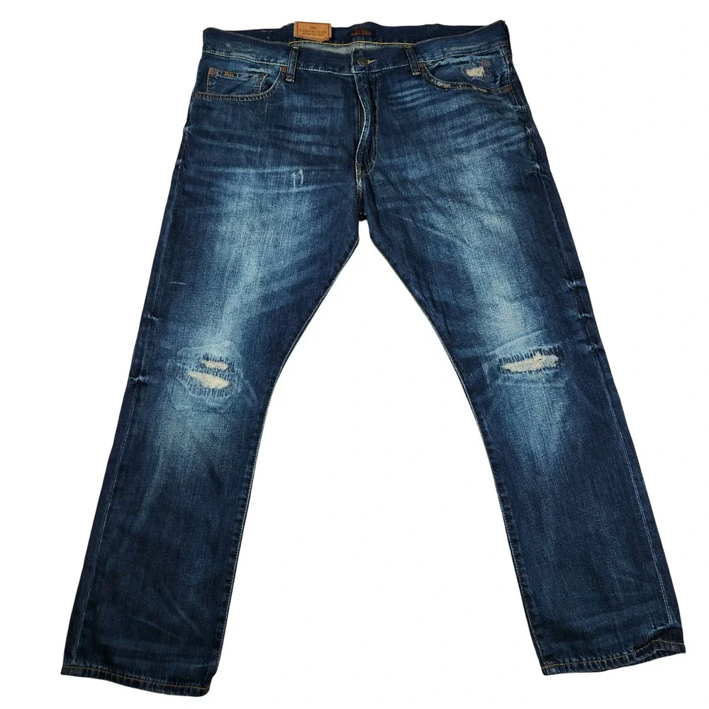 Polo Ralph Lauren Varick Slim Straight Jeans Dark Wash Distressed Mens 34x30 New